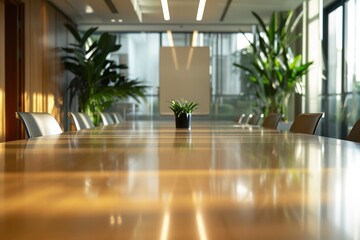 Wall Mural - In the foreground, a sleek, long meeting table stretches out, showcasing a polished surface ready for an upcoming meeting