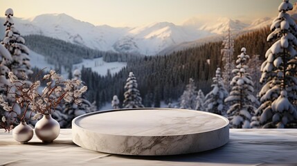 Canvas Print - podium product stand or display with rock, snow, sky background and cinematic light