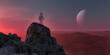 © edb3_16 - Astronaut standing on top of Rock Mountain Peak on Alien Planet. Dramatic Sky. Sci-fi art