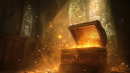 A mystical treasure chest opens, casting a warm glow that illuminates the surrounding area, creating a sense of intrigue and discovery.