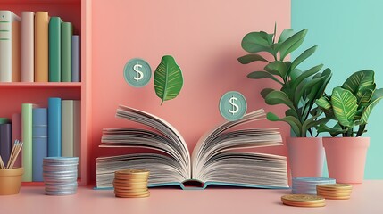 A 3D illustration of financial literacy, featuring an open book that represents education and empowerment in personal finance, with plenty of copy space for your content.