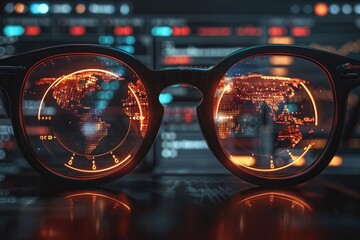 Poster - World Map Reflected in Glowing Glasses