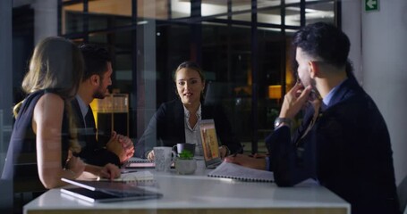 Leinwandbilder - Business people, night meeting and documents for teamwork, collaboration and revenue proposal in office window. Professional manager, group planning and giving portfolio for finance or taxes review