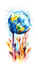 A watercolor painting of a globe held up by hand