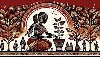 Indian tribals warli art dark brown painting design,tribal Rural Lifestyle,woman watering and take care of plant,white background 