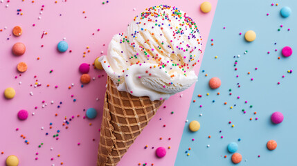 Top view delicious cone ice cream in studio