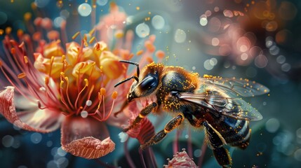 Marco bee pollinating and covered in beautiful flower pollen