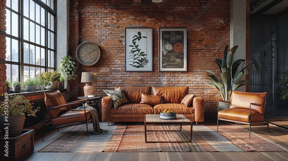 Living room interior in loft, industrial style Stock Photo | Adobe Stock