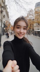 Wall Mural - Japanese beautiful woman wearing black turtleneck sweater is holding hands with a man at the paris,She has good smile and a great figure,Photographs from a man's point of view,8K,film style,A selfie o