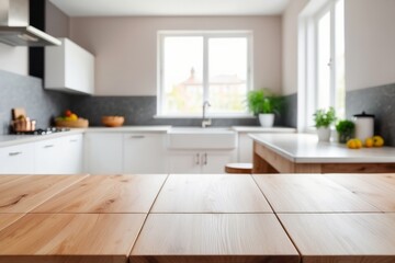 Wall Mural - Wooden Tabletop in Modern Kitchen with Window and Sink