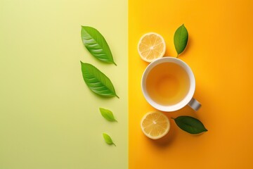 Wall Mural - Cup of tea with lemon and leaves on yellow and green background