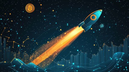 Poster - Bitcoin rising trend: A Bitcoin graph with a rocket soaring upwards and a rising trend line, illustrating the rapid growth of the cryptocurrency market, with ample space for text.