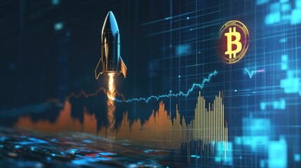 Poster - Bitcoin rising trend: A Bitcoin graph with a rocket soaring upwards and a rising trend line, illustrating the rapid growth of the cryptocurrency market, with ample space for text.