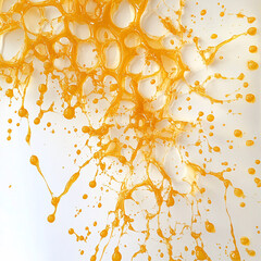 A complex web of orange juice droplets suspended in mid-air, creating an intricate pattern against a stark white background.