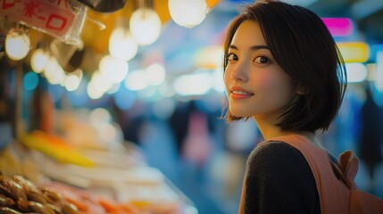 Close-up of a woman in a Japanese street food market, with the vibrant colors and diverse stalls creating a lively backdrop.