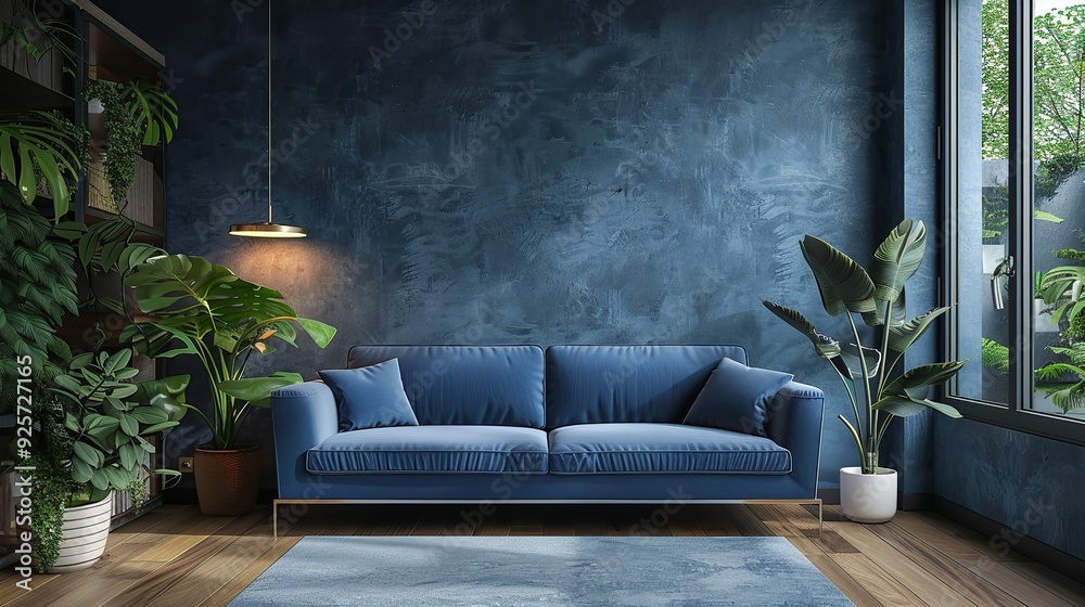 Mockup living room interior with sofa on dark blue wall background ...