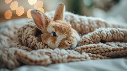 A cute brown bunny snuggled in a fluffy blanket with warm, soft lighting.