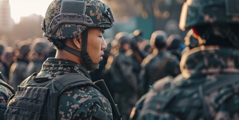 Asian army soldier in uniform with helmet and body armor during parade, surrounded by other soldiers at military base