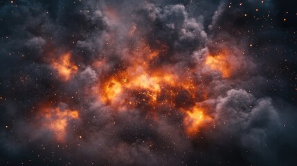Poster - Explosion and dust clouds: Particles from a fiery explosion flying amidst dark smoke clouds, illustrating the intensity and chaos of a violent blast, with space for text.
