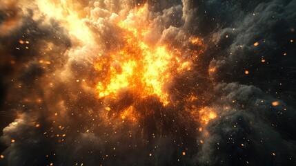 Poster - Explosion and dust clouds: Particles from a fiery explosion flying amidst dark smoke clouds, illustrating the intensity and chaos of a violent blast, with space for text.