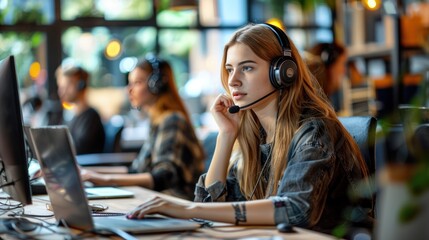 Wall Mural - Efficient Customer Support Team Working at Call Center Table with Headsets and Laptops