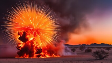 Wall Mural - dramatic explosion in desert landscape, showcasing vibrant colors and intense energy, evoking excite
