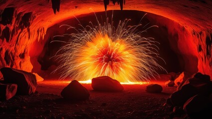 Wall Mural - captivating explosion of sparks in underground cave, showcasing vibrant orange light perfect for con