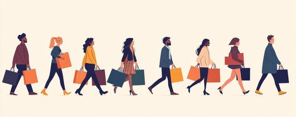 A line of diverse, stylish shoppers walking with shopping bags, illustrated in a minimalist, flat design style