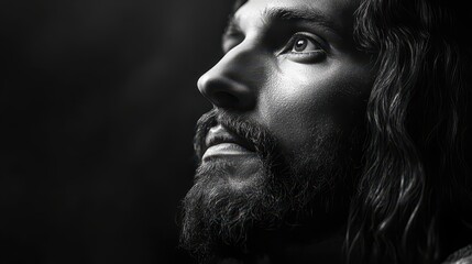 Wall Mural - monochrome portrait of jesus christ serene expression with ethereal lighting