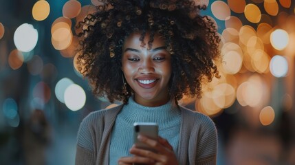 Wall Mural - Curly-haired African American Businesswoman on Phone with Bokeh Background