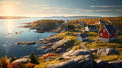 Poster - a group of houses on a rocky shore. 