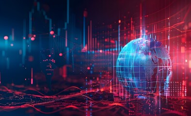 Poster - A digital globe with global financial data and stock market charts.