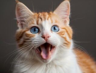 Close-up of a White and Orange Cat with Blue Eyes and an Open Mouth