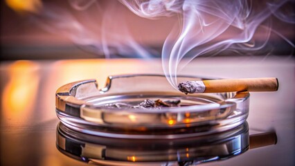 A close-up of a lit cigarette resting on an ashtray, with thin smoke spiraling upward in a calm indoor setting.