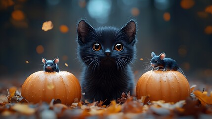 Adorable black cat with mice and pumpkins in a 3D cartoon setting, ideal for a Halloween trick or treat banner.