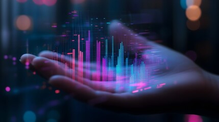 Poster - Hand Reaching Out with Holographic Bar Chart Projection