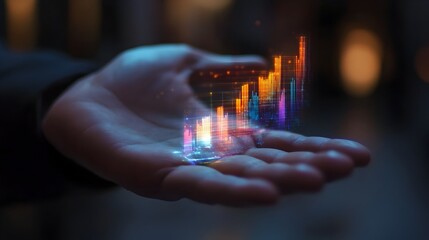 Poster - Hand Reaching Out with Holographic Bar Chart Projection