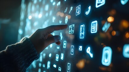 Poster - Hand Swiping Through Holographic Currency Icons for Digital Finance Concept
