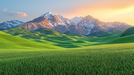 Poster - Open and flat green grasslands, snow capped mountains, dusk, rich colors, bird's-eye view,Ray Tracingï¼ŒExtreme long shotï¼ŒHyperrealism 