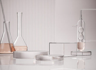 Cosmetic podium display with glass flask and cylinder equipment in medical science lab background, 3d rendering