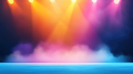 Wall Mural - a surreal stage scene shrouded in mist, where dramatic spotlights pierce through the fog, creating a
