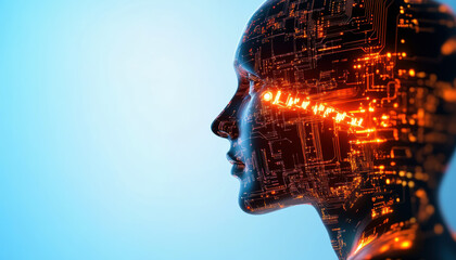 A woman's face is shown in a computer generated image with a cityscape in the background. The image is a representation of the idea of technology and its impact on human life