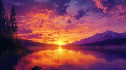 Poster - A breathtaking sunset over a tranquil lake, with the sky ablaze in warm hues of orange, pink, and purple, reflecting on the calm waters and creating a peaceful atmosphere.