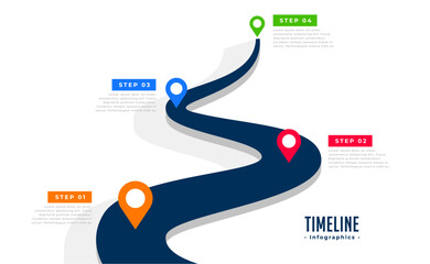 four step road map infographic template with colorful location pointer