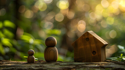 Two wooden figures of people and a house on a nature background. concept of affordable housing, mortgages for buying a home for young families and couples. Buying and selling real estate. Family nest