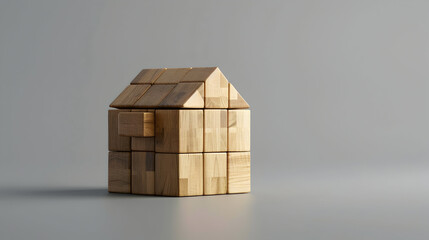 Poster - Wooden cube block puzzle shaped as home wide banner with copyspace area - Generative AI