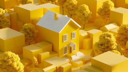 Poster - Yellow house surrounding by many of yellow geometric shape and. 3d rendering