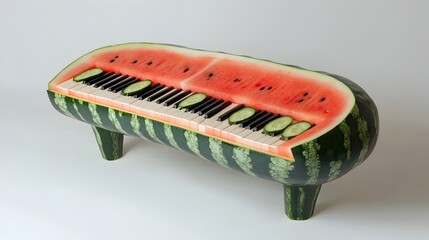 Poster - Watermelon Piano with Cucumber Keys on White Background