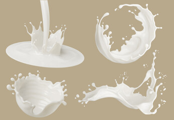 Wall Mural - Set of Milk splash and pouring, yogurt or cream include Clipping path, 3d illustration.