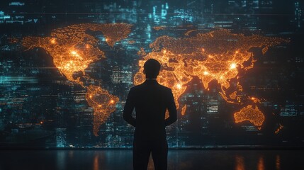 Poster - a businessman analyzing a digital world map with glowing business opportunities.